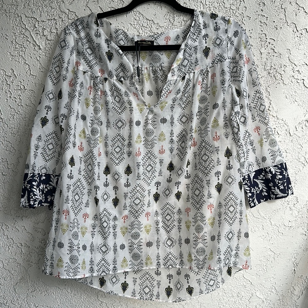 MASSIMO DUTTI Silk Blend Blouse 3/4 Sleeves MULTICOLOR Print Boho Top Blouse I S
